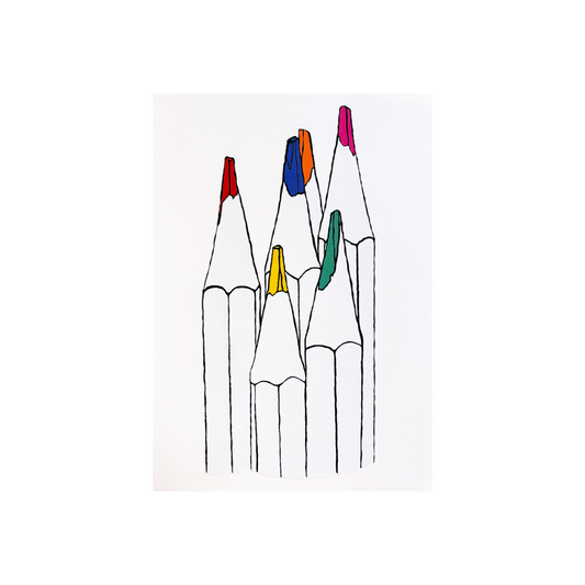 6 colored pencils close-up on a white background